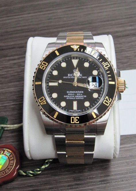 Rolex Submariner Two Tone Black Dial Black Black Ceramic Bezel. Lake Constance, Luxury Clock, Gold Watches, Elegant Man, Watch Lover, Rolex Oyster Perpetual, Expensive Jewelry, Rolex Submariner, Black Ceramic