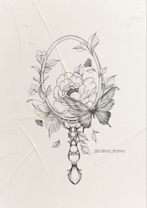 Mirror Flower Tattoo, Mirror With Flowers Tattoo, Vintage Mirror Tattoo Design, Hand Holding Mirror Tattoo, Frame With Flowers Tattoo, Vintage Hand Mirror Tattoo, Mirror Tattoo Reflection, Vintage Mirror Drawing, Floral Frame Tattoo