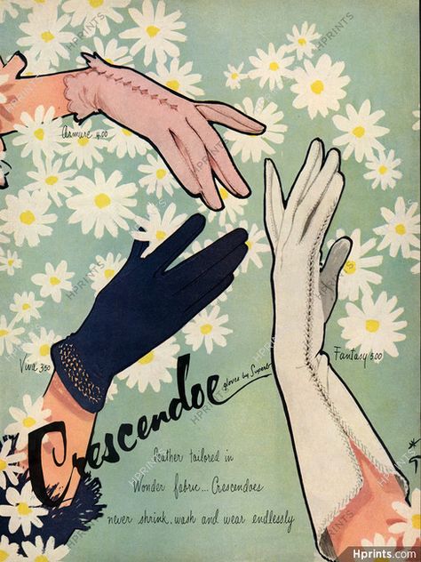 Hansen gloves ad from 1946. #vintage #gloves #1940s More Glove Etiquette, Gloves Illustration, Jacques Fath, Rene Gruau, Fashion Gloves, Vintage Gloves, Opera Gloves, King Louie, Vintage Wardrobe