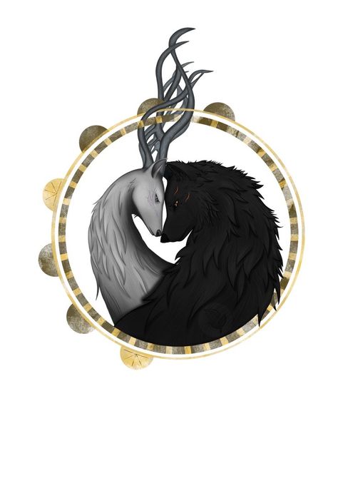 A white deer with long antlers is sadly embracing a black wolf. The Dread Wolf, Dragon Age Solas, Dragon Age 4, Dread Wolf, Da Inquisition, Solas Dragon Age, Grey Warden, Dragon Age Series, Raven Tattoo