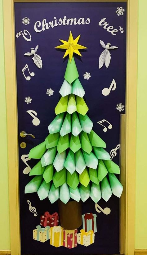 O Christmas Tree Door Decoration, Diy Bulletin Board Christmas Tree, 3d Christmas Bulletin Board Ideas, Christmas Tree For Classroom Door, Paper Christmas Tree Bulletin Board, Classroom Wall Christmas Tree, 3d Paper Christmas Tree On Wall, Christmas Tree Out Of Construction Paper, Christmas Tree Boards Bulletin