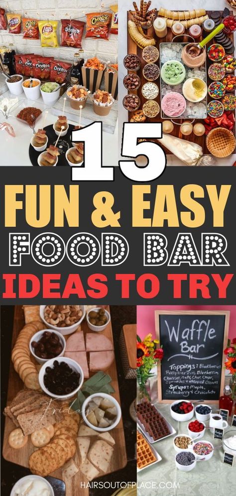 15 food bar ideas for parties that are easy and simple. You'll love these food bar buffets for graduation, new years, birthdays, breakfast, taco, snacks, and more. Build Your Own Party Food Ideas, Snacks For Party Table, Fun Party Food Themes, At Home Buffet Ideas, Birthday Breakfast Bar Ideas, Work Buffet Ideas Food Bars, Food Themed Parties, Birthday Snacks For Work, Employee Food Ideas