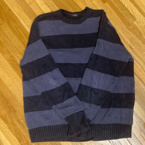 Thick Striped Sweater, Black And Blue Striped Sweater, Blue And Black Sweater, Fawn Clothes, Striped Sweater Aesthetic, Blue Sweater Aesthetic, Blue Grunge Outfit, Brianna Cotton Thick Stripe Sweater, Dark Blue Sweater