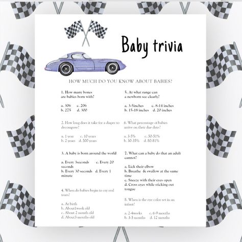 Race car baby shower Baby Trivia Game Nascar Baby Shower Ideas, Race Car Baby Shower Theme, Vintage Car Baby Shower Theme, Race Car Baby Shower Ideas, Car Baby Shower Theme, Baby Trivia Game, Baby Trivia, Race Flag, Violet Vintage