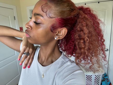 Peak A Boo Color On Natural Hair, Brown And Red Skunk Stripe, Blond And Burgundy Hair, Blonde And Red Hair Peekaboo, Brown Hair With Red Peekaboos, Peekaboo Hair Color Locs, Brown And Pink Hair Curly, Red And Honey Blonde Hair Color, Dyed Hairstyles For Black Women