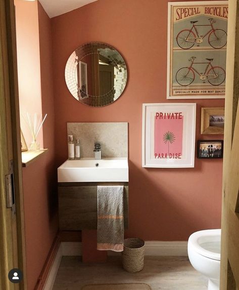 Terracotta Bathroom Walls Paint Colors, Terracotta Colour Bathroom, Bathroom Terracotta Walls, Terracotta Wall Color Bathroom, Salmon Bathroom Walls, Dark Pink Bathroom Ideas, Terracotta Walls Bathroom, Terracotta Toilet Room, Boho Terracotta Bathroom