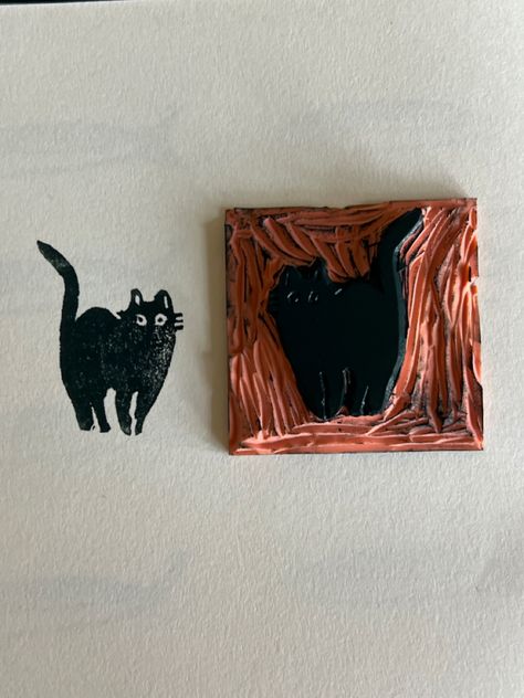 Cat Linoleum Print, Lino Print Illustration, Linocut Prints Easy, Simple Linocut Designs, Relief Printing Ideas, Lino Stamp Ideas, Easy Lino Print Ideas, Lino Print Ideas Simple, Lino Art Ideas