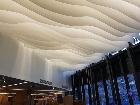 No Ceiling Design, Wave Ceiling Design, Fabric Ceiling Design, Organic Ceiling Design, Wavy Ceiling, Ceiling Models, Curved Ceiling, Dance Studio Design, Baffle Ceiling