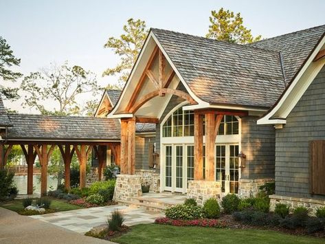 Cedar-Shake and Stone Country Home on Lake Martin - Alexander City, Alabama Mountain Homes Exterior, Cedar Shake House, Dream Lake House, Lake Front House Plans, Exterior Siding Options, Mountain Home Exterior, Cedar Shake, Lush Landscape, Siding Options