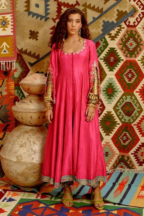 Buy Pallavi Jaipur Pink Kurta Anarkali Set With Indi-leheriya Dupatta Online | Aza Fashions Jaipur Anarkali, Leheriya Dupatta, Simple Kurtis, Scalloped Sleeves, Pink Anarkali, Pink Kurta, Traditional Suit, Satin Fashion, Party Wear Indian Dresses