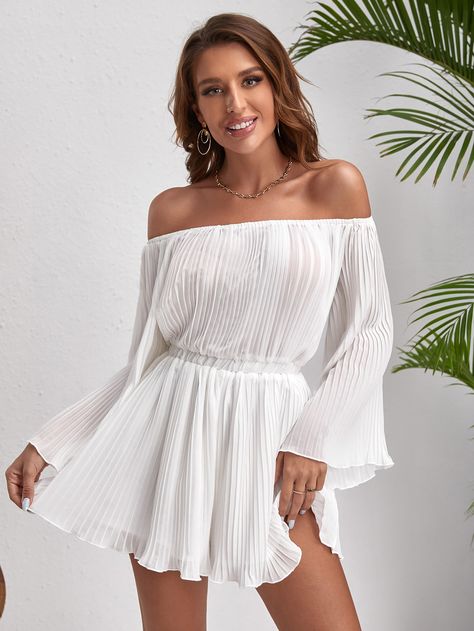 SHEIN VCAY Off Shoulder Pleated Trumpet Sleeve Lettuce Trim Chiffon Romper Boho Wardrobe, Chiffon Romper, Trumpet Sleeves, Comfy Jumpsuits, Trumpet Sleeve, Boho Patterns, Flounce Sleeve, Shoulder Design, Style Boho