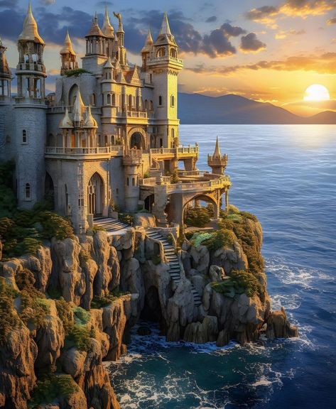 Castle Overlooking Ocean, Kingdom By The Sea Aesthetic, Fantasy Castle By The Sea, Sea Castle Fantasy Art, Cliff Side Castle, Castle By The Ocean, Tropical Castle, Beach Kingdom, Coastal Castle