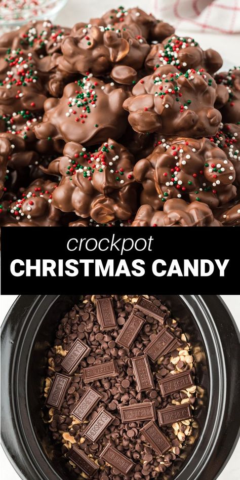 chocolate peanut clusters from crockpot Crockpot Christmas Candy, Chocolate Christmas Candy, Crockpot Candy Recipes, Peanut Butter Bark, Crockpot Christmas, Crockpot Candy, Easy Candy Recipes, Crock Pot Food, White Chocolate Candy