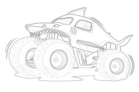 Shark Monster Truck, Monster Truck Drawing, Shark Monster, Monster Truck Art, Minions Coloring Pages, Monster Truck Coloring Pages, Shark Drawing, Big Machines, Monster Coloring Pages