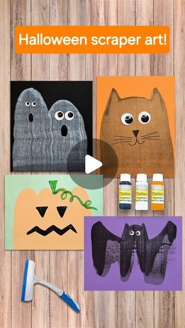 Kids Art Box | Arts & Crafts Kits on Instagram: "Looking for an easy and creative Halloween craft for your young artists? Check out these 4 super fun ways to make paint scraper art—ghosts, cats, pumpkins, and bats! 🦇🎃👻 Perfect for adding a spooky touch to your Halloween decorations, and the best part? Your kids can make them all by themselves!  All you need is paper, some paint, a squeegee, and some add-ons to decorate your Halloween creations!  🖌️ Which one will your child create first? Let us know in the comments! Don’t forget to share your masterpieces and tag us @MyKidsArtBox!  #HalloweenCrafts #ScraperArt #Kidsart #kidsactivities#halloweenart" Halloween Squeegee Painting, Squeegee Ghost Painting, Painting With A Squeegee, Squeegee Painting For Kids, Halloween Process Art, Scraper Painting, Paint Scraper, Make Paint, Kindergarten Art Projects