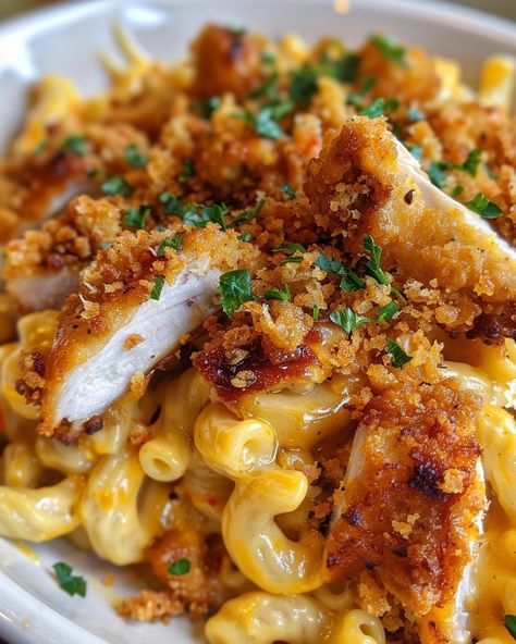 CRACK CHICKEN MACARONI AND CHEESE 🧀🍗 Ingredients: 1 lb elbow macaroni 1.5 lbs boneless, skinless chicken breasts 1 packet (1 oz) dry ranch dressing mix 1 teaspoon garlic powder 1 teaspoon onion powder 8 oz cream cheese, softened 2 cups shredded cheddar cheese 1 cup shredded mozzarella cheese 1/2 cup cooked bacon, crumbled 2 cups milk 1/2 cup chicken broth 2 tablespoons butter 1/4 cup all-purpose flour Salt and pepper, to taste Chopped fresh parsley, for garnish (optional) Directions: Step... Chicken Macaroni And Cheese, Cooking Soul Food, Chicken Macaroni, Dry Ranch Dressing Mix, Dry Ranch Dressing, Soul Food Dinner, Ranch Dressing Mix, Pasta Dinner Recipes, Food Babe