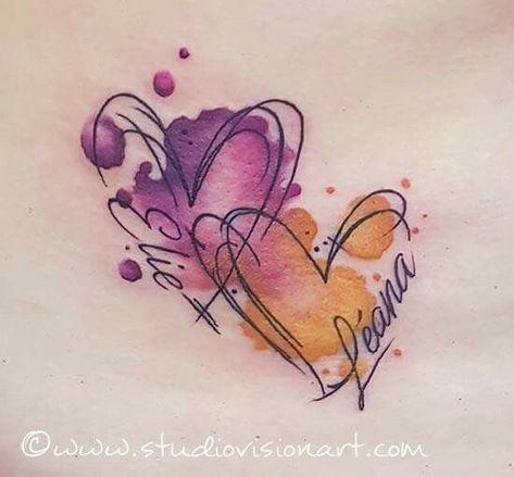 Watercolor Hearts Tattoo, Colour Heart Tattoo, Watercolor Couple Tattoo, Tattoos With Childrens Names, Childrens Names Tattoo Ideas, Tattoo Childrens Names, Tattoo Ideas For Childrens Names, Tattoo Ideas For Your Children, Children Tattoo Ideas