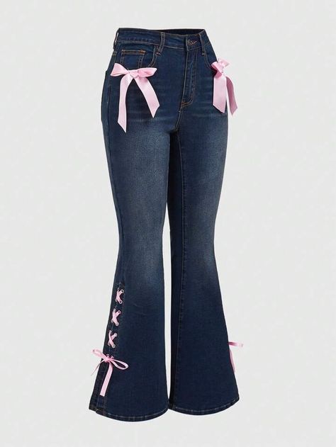 ROMWE Kawaii Women's Flared Jeans With Blue Bow Decoration | SHEIN USA Kawaii Jeans, Women's Flared Jeans, Bow Jeans, Womens Flare Jeans, Diy Jeans, 2000s Clothes, Easy Trendy Outfits, Jeans Diy