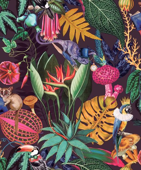 Multicoloured Wallpaper, Plum Wallpaper, Wildlife Wallpaper, Motif Jungle, Palm Wallpaper, Tropical Animals, Animal Print Wallpaper, Jungle Wallpaper, Tropical Wallpaper