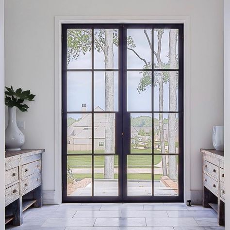 Manhattan Steel Door Co on Instagram: “Great shot from a recent door we fabricated.” French Doors With Transom, Modern Glass House, French Front Doors, French Double Doors, Steel French Doors, Iron Entry Doors, French Exterior, French Doors Exterior, Iron Windows