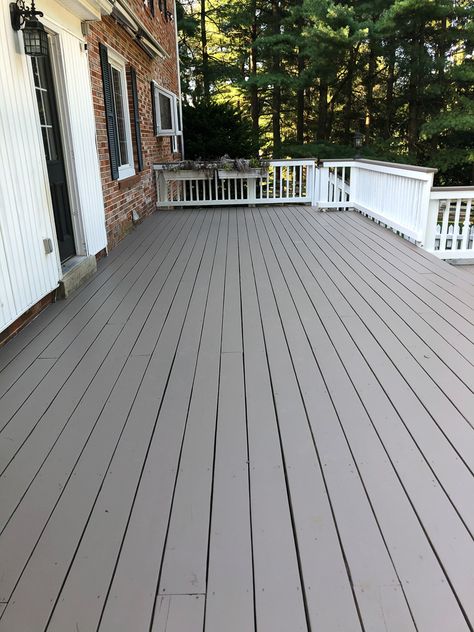 Gray Painted Deck, Grey Deck Stain Colors, Painted Deck Colors Ideas, Light Grey Decking Paint, Painted Deck White House, Back Deck Colors, Porch Colors For Tan House, Painted Decks Colors Ideas Gray, Deck Colours Paint Colors