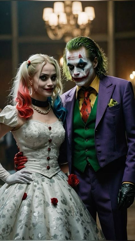 Harley Quinn And Joker Halloween Costumes, Halloween Costumes Joker And Harley, Couple Makeup Halloween, Travestimento Halloween, Joker And Harley Quinn Wallpapers, Joker And Harley Costumes, Harley Quinn And Joker Costume Couple, Joker Couple Costume, Joker And Harley Quinn Costume