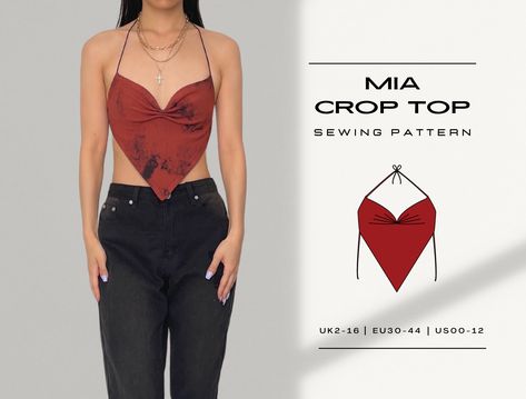 "Digital PDF Sewing Pattern -- MIA Backless Bandana Triangle Hem Top, Size UK4-18 DIY your own y2k crop top using this easy sewing pattern. Beginner-friendly! Detailed written instructions and illustrations included. 🍒 Difficulty Level: BEGINNER FRIENDLY 🍒 Your purchase includes: - Sewing Pattern with three printable formats: A4, US Letter, A0 - Written Instructions & Illustrations *This product is a digital product. PDF files containing the sewing pattern and written instructions will be made Bandana Top Sewing, Bandana Top Pattern, Sew Crop Top, Top Pattern Sewing, Tank Top Sewing Pattern, Crop Top Sewing Pattern, Pattern Y2k, Bandana Top, Creative Clothing