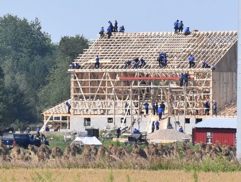 The Amish Barn Raising: How it works & Why they do it - Amish America Amish Men, Amish Barns, Amish House, Amish Farm, Amish Community, Roof Trusses, Amish Furniture, A Barn, The Barn