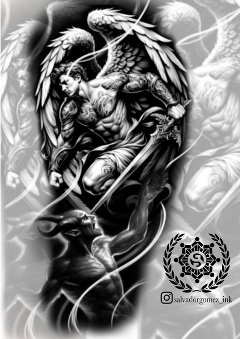 Angel And Demon Tattoo Design, Angel Vs Demon Tattoo Design, Heaven Vs Hell Tattoo Sleeve, Angel And Demon Tattoo, Angel Vs Demon, Religious Tattoo Design, Angel Demon Tattoo, Jesus Tattoo Sleeve, Religious Tattoo Sleeves