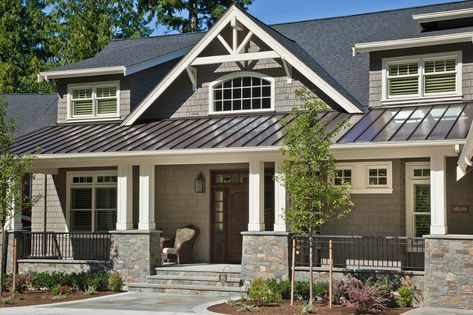 houzz.com Brown Roofs, Exterior House Doors, Grey Exterior House Colors, Exterior Siding Colors, Metal Roof Houses, Exterior House Colors With Brown Roof, Shingle Roof, Brown Roof, Siding Colors