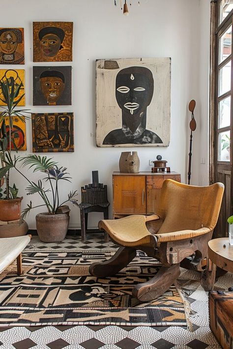 African American Home Decor Living Rooms, African Fabric Home Decor, Neo Afro Eclectic Decor, African Inspired Office, Afro Futurism Decor, African Contemporary Decor, African Interior Decor, African House Interior, African Boho Bedroom