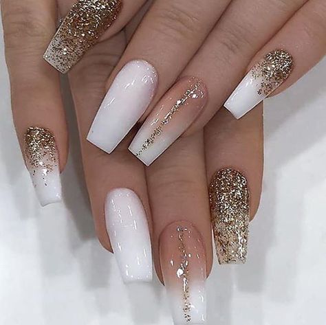 Matte White Nails, 2019 Nails, French Fade, Gold Acrylic Nails, Gold Glitter Nails, White Acrylic Nails, Instagram White, White French, Nail Designs Glitter