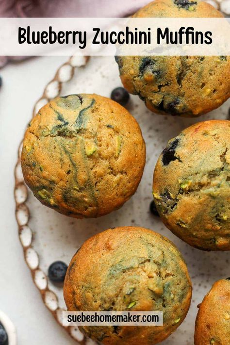 These moist muffins are full of fresh zucchini and frozen blueberries. Moist and healthier too! Blueberry Zucchini Muffins Healthy, Zucchini Blueberry Muffins, Blueberry Zucchini Recipes, Frozen Zucchini Recipes, Blueberry Zucchini Muffins, Carrot Zucchini Muffins, Blueberry Yogurt Muffins, Zucchini Muffins Healthy, Banana Zucchini Muffins