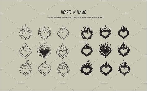 hearts in flame icons set #Ai#Eps#Jpg Heart On Fire Tattoo, Tattoos Fire, On Fire Tattoo, Heart On Fire, Petit Tattoo, Grunge Tattoo, Tattoo Heart, Flame Tattoos, Fire Tattoo