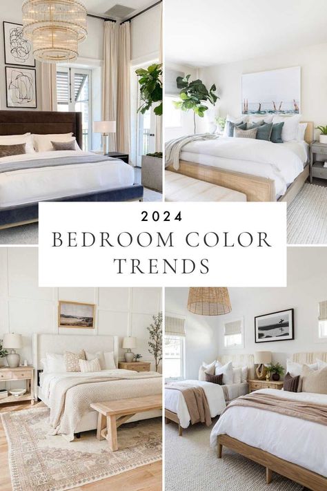 Color trends and color combinations for a master bedroom or small bedroom, with decorating ideas and popular 2024 paint colors for creating a relaxing and luxurious space you will love White Color Bedroom Ideas, Master Bedrooms Decor Modern 2024, Master Bedrooms Decor Light And Airy, Beach Condo Decorating Ideas Coastal Style Master Bedrooms, Best Paint Color Master Bedrooms, Bedroom Decor Ideas With White Furniture, California Coastal Bedroom Ideas, Guest Rooms Luxury, Condo Master Bedrooms Decor