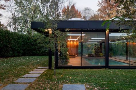 Philip Johnson Glass House, Pool House Design, Indoor Pool House, Indoor Swimming Pool Design, Pool Pavilion, Pool House Designs, Glass Pavilion, Rose House, Modernist House