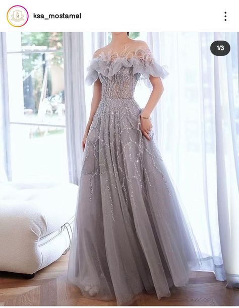 Light Blue Wedding Dress, Dress Feathers, Cinderella Gown, Womens Evening Gowns, Dress Beading, Grey Wedding Dress, Grey Gown, Prom Dress Inspo, Grey Prom Dress