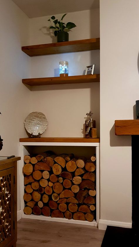 Alcove log store and shelves Log Display Fireplace, Rustic Alcove Shelving, Fireside Wood Storage, Firewood Display Living Rooms, Log Storage Alcove, Firewood Storage Shelves, Wood Alcove Shelves, Logs In Alcove, Media Wall With Log Store