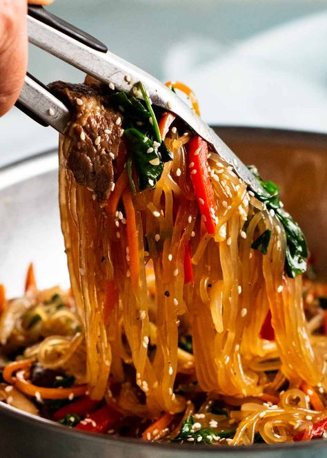 Picking up Japchae - Korean noodles Jap Chae Recipe Korean, Japchae Recipe, Jap Chae Recipe, Jap Chae, Korean Bbq Ramen Noodles, Glass Noodle Recipes, Korean Food Jajangmyeon, Sweet Potato Glass Noodles Recipe, Jajamyeon Noodles Korean