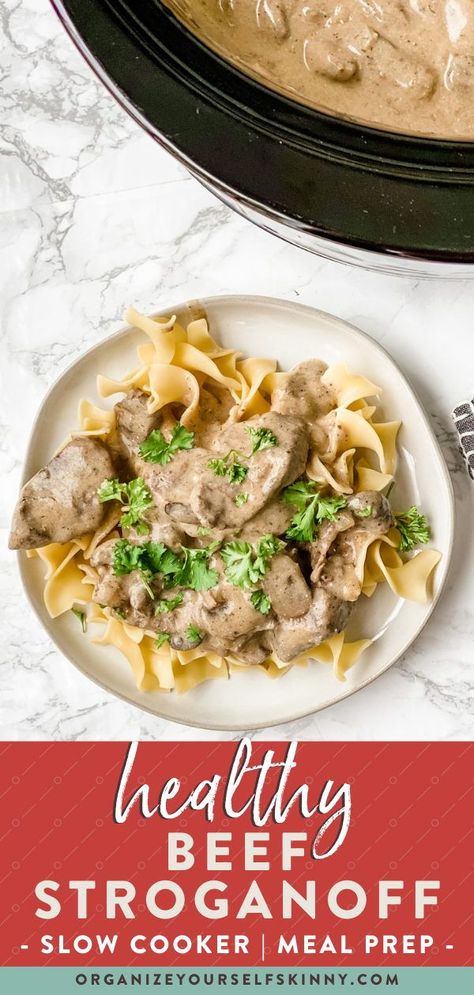 Healthy Crockpot Stroganoff, Crockpot Beef Stroganoff No Mushroom, Healthy Beef Stroganoff Crockpot, Healthy Stroganoff, Crock Pot Beef Stroganoff, Healthy Beef Stroganoff, Slow Cooker Meal Prep, Healthy Slow Cooker Recipes, Clean Dinner Recipes