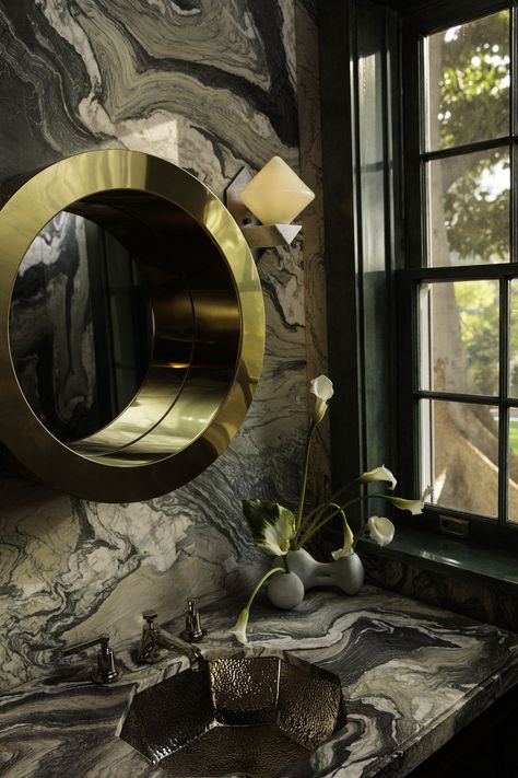 Kelly Wearstler Interiors - Hillcrest Powder Room: This marble bathroom is the perfect powder room inspiration. Featured in this space are green marble walls, brass bathroom fixtures, a bathroom sink, bathroom lights, and a bathroom mirror. Tap the pin to explore more of this residence and other interiors by Kelly Wearstler. #SmallBathroom #BathroomDecorIdeas #VanityMirror Kelly Wearstler Interiors, Maximalist Interior, Famous Interior Designers, Kelly Wearstler, Residential Design, Interior Design Styles, Bathroom Inspiration, Interior Design Projects, Bathroom Interior Design