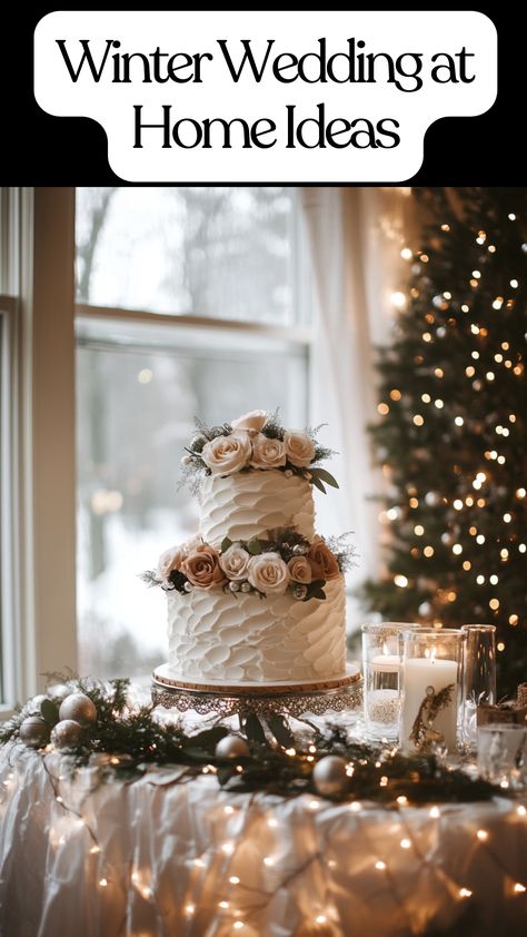 Cozy winter wedding at home setup with elegant decor, homemade winter wedding cake, and intimate ambiance. Small Gathering Decor Ideas, Wedding At Home Ideas, Small Wedding Ideas Intimate At Home, Small Winter Wedding Ideas, Wedding Cakes Unique, Winter Wedding Cakes, Small Winter Wedding, Wedding Reception At Home, Winter Wedding Reception