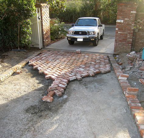 Herringbone Brick Driveway by mseratt99, via Flickr Brick Paver Driveway, Herringbone Brick, Brick Driveway, Brick Path, Front Walkway, Driveway Design, Driveway Landscaping, Paver Driveway, Vegetable Garden Diy