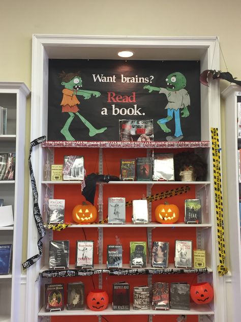 Halloween Book Fair Ideas, Fiction Sign For Library, Halloween Book Displays Library, Spooky Library Displays, October Library Programs, Book Return Box Ideas, Fantasy Book Display Library, Halloween At The Library, Middle School Library Decor