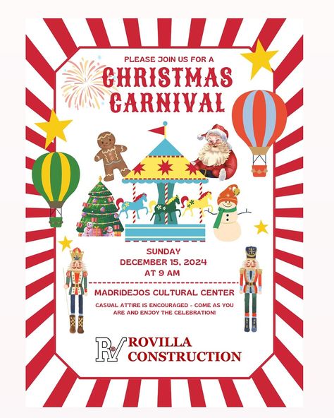 Big thank you to Rovilla Construction for trusting us with your Christmas Carnival invitation! 🎪✨ From the vibrant colors to the festive vibes, we had so much fun creating this for your company’s holiday celebration! 🎄🎉 Supporting small businesses like ours means the world, and we’re thrilled to help make your event unforgettable. Are you ready to level up your party invites? Drop a comment or tag someone who needs a unique, custom design for their next event! Let’s bring your vision to l... Circus Christmas, Carnival Invitations, Christmas Carnival, Party Invites, Cultural Center, Tag Someone Who, Holiday Celebration, Tag Someone, Birthday Anniversary