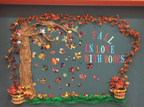 Pumpkin Patch Library Display, Fall In Love With A Good Book Bulletin Board, Fall In Love With Books Bulletin Board, Fall Into Books Bulletin Board, Fall Book Fair Decorations, Fall Into Reading, Fall Into A Good Book Display, Fall Reading Bulletin Boards Elementary, Fall In Love With Reading Bulletin Board