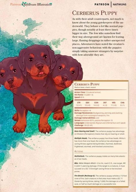 Cerberus Puppy, Stat Block, Dnd Stats, Dnd Character Sheet, Dnd Stories, Mythical Monsters, Dnd Races, Dnd Funny, Dnd Dragons