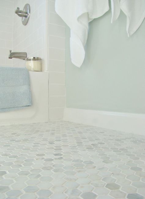 Sherwin Williams Sea Salt is a beautiul paint colour with marble, shown in bathroom with hexagon patterned floor tile Sherwin Williams Sea Salt, Paint Sea, Sea Salt Sherwin Williams, Gray Tile, Patterned Floor Tiles, Paint Colour, Upstairs Bathrooms, Trendy Bathroom, Bathroom Floor Tiles