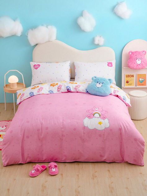 SHEIN X Care Bears Collaboration Heart Shaped Bear Pink Reversible Duvet Cover Set, 3pcsI discovered amazing products on SHEIN.com, come check them out! Care Bear Room Ideas, Care Bear Room Decor, Care Bear Room, Care Bears Room, Adult Room Ideas, Sanrio Bedroom, Heart Teddy Bear, Teddy Bear Pink, Bear Bed