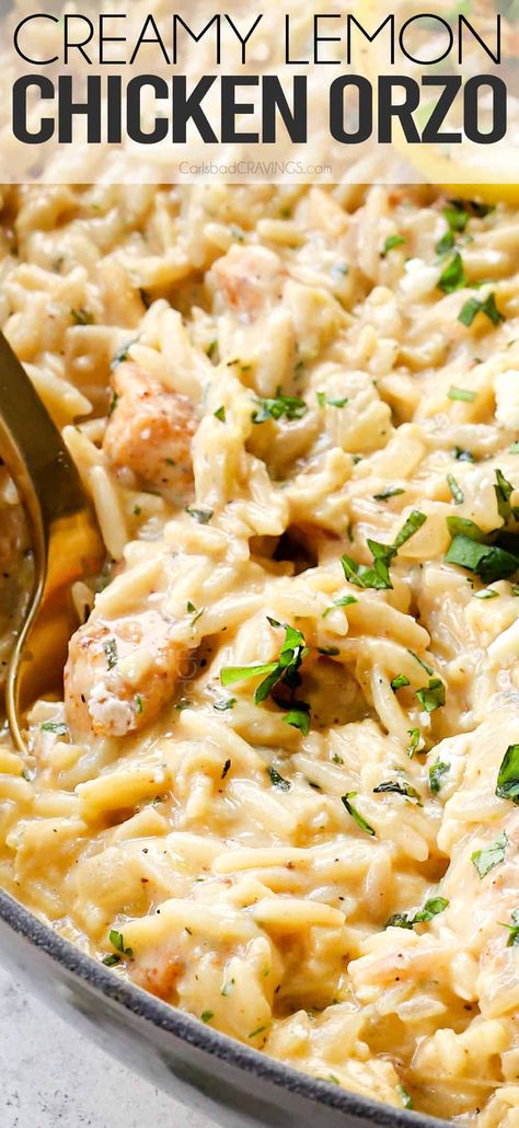 Creamy Lemon Chicken Orzo (30 Min, One Pot, ZERO CREAM!) Instapot Chicken And Orzo, Clean Eating Italian Recipes, Gluten Free Orzo Recipes, One Pot Oven Meals, Creamy Lemon Chicken Orzo, Rice Dinners, Lemon Chicken Orzo, Creamy Lemon Chicken, Carlsbad Cravings